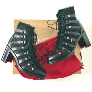Christian Louboutin Chaletta 70 Black Shearling Lug Sole Ankle Boots Women’s 38